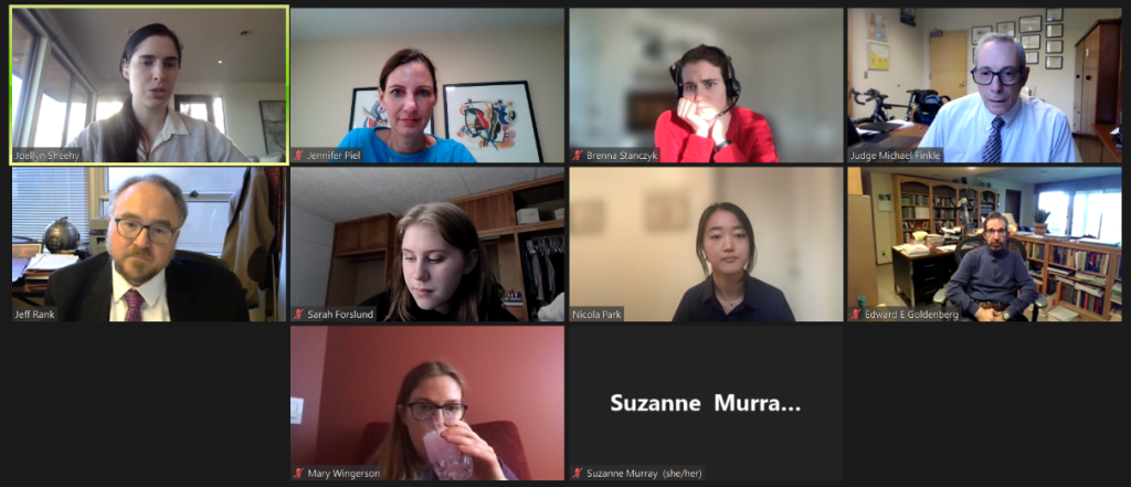 Screenshot from the virtual mock hearing. Top row: Joellyn Sheehy, Jennifer Piel, Brenna Stanczyk, Judge Michael Finkle. Middle row: Jeff Rank (attorney), Sarah Forslund, Nicola Park, Edward E. Goldenberg. Bottom row: Mary Wingerson, Suzanne Murray.